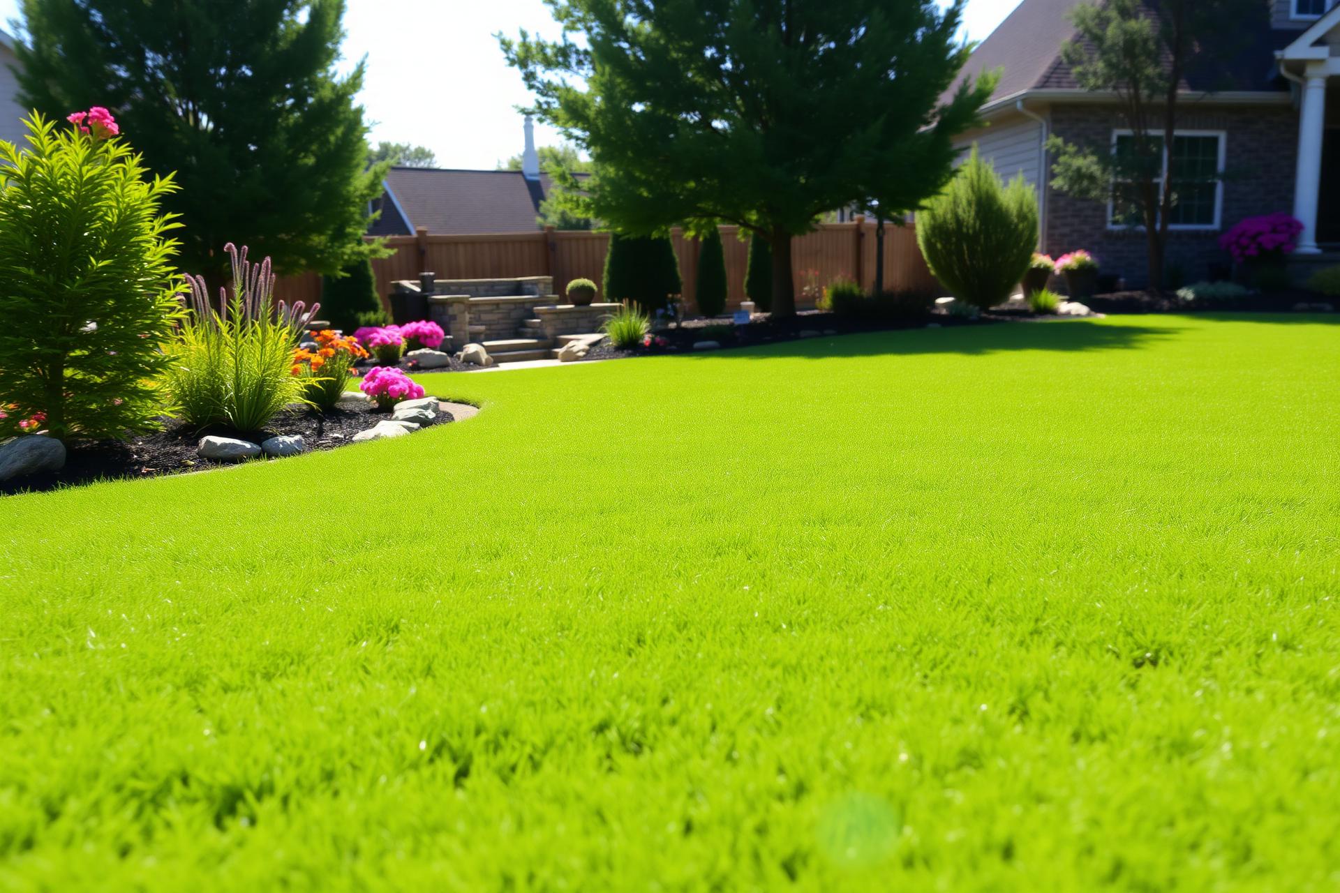 Manicured backyard lawn with landscaped garden beds